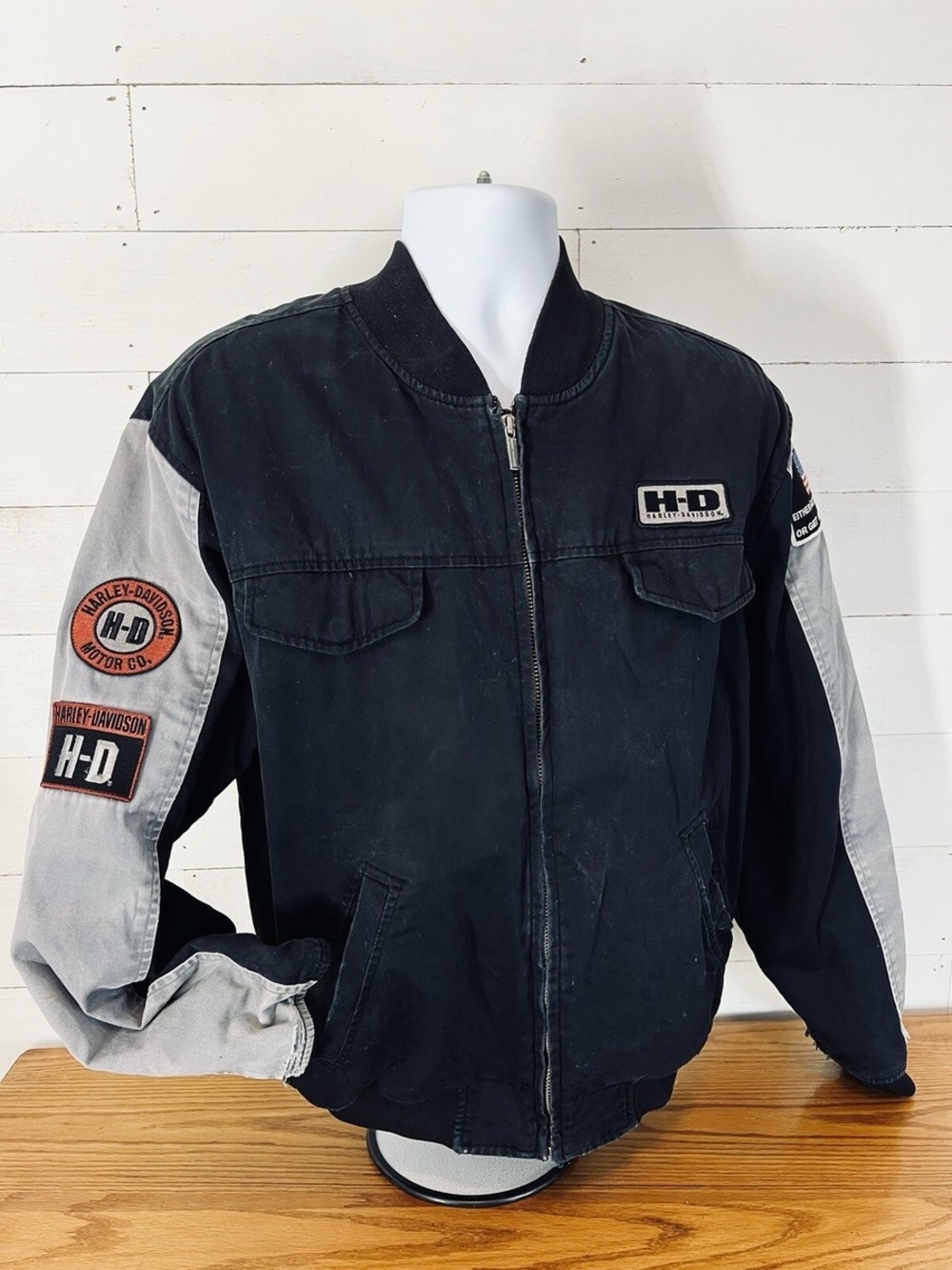 Harley-Davidson Womens Black and Gray Canvas Logo Flight Jacket Medium